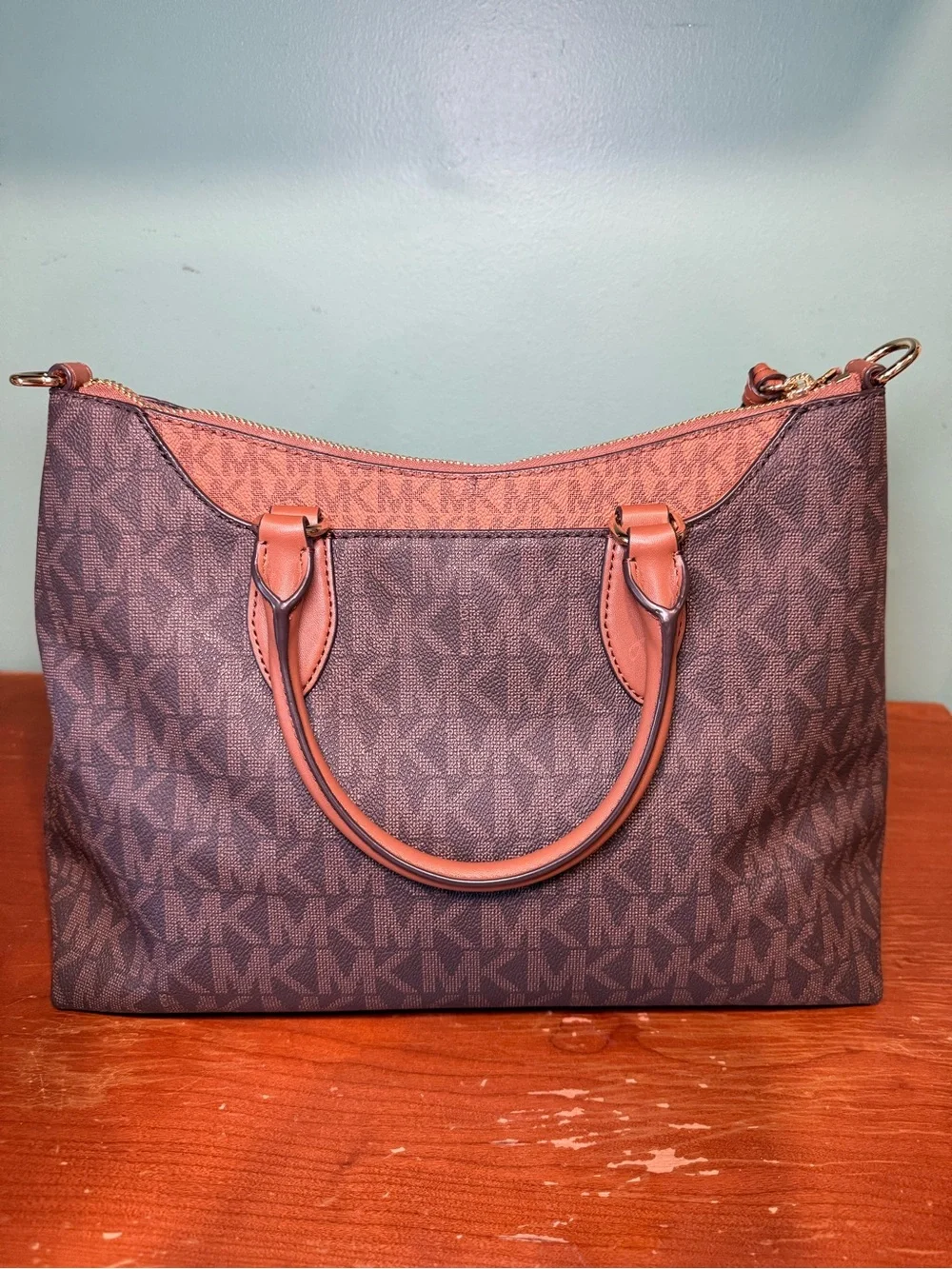 Michael Kors Brown and Tan Signature MK Tote with Gold Accent
